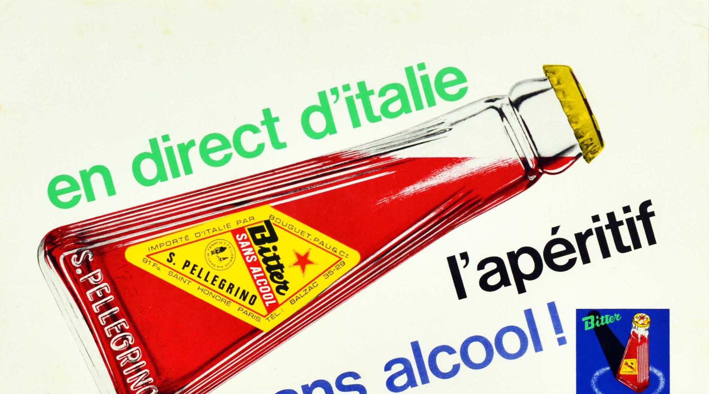 Original vintage drink advertising poster for San Pellegrino Bitter - direct from Italy the aperitif without alcohol / en direct d'Italie l'aperitif sans alcool - featuring an image of the iconic drink bottle between the bold green, black and blue
