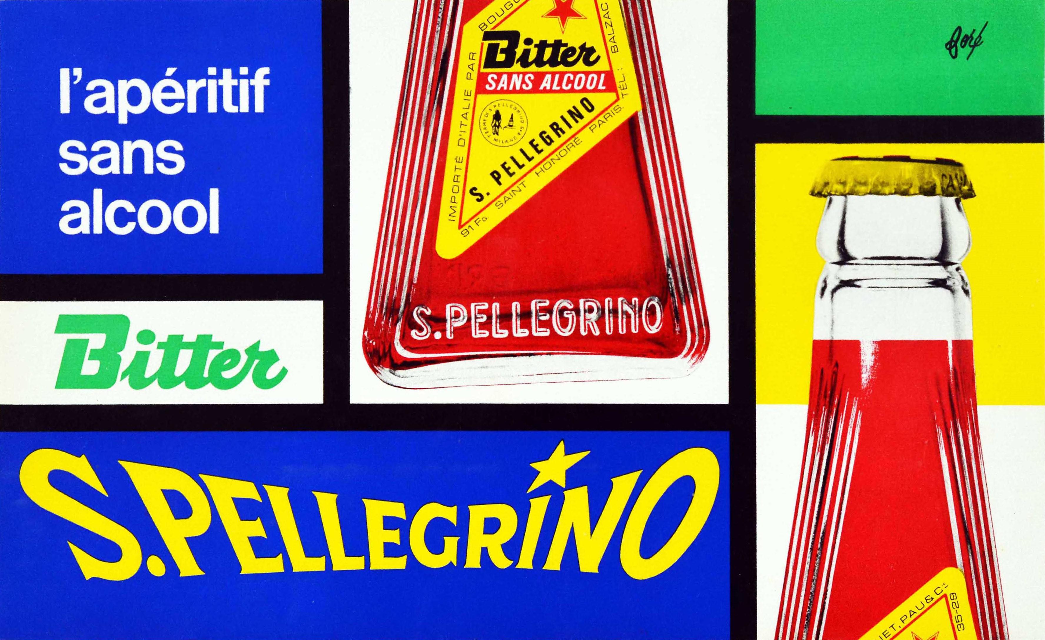 Original vintage drink advertising poster for San Pellegrino non-alcoholic Bitter aperitif / l'aperitif sans alcool featuring a close up of the iconic bottle split on the colourful Mondrian style squares with the bold text and S.Pellegrino logo on