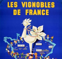 Original Vintage Drink Poster French Wine Les Vignobles De France Vineyards Map
