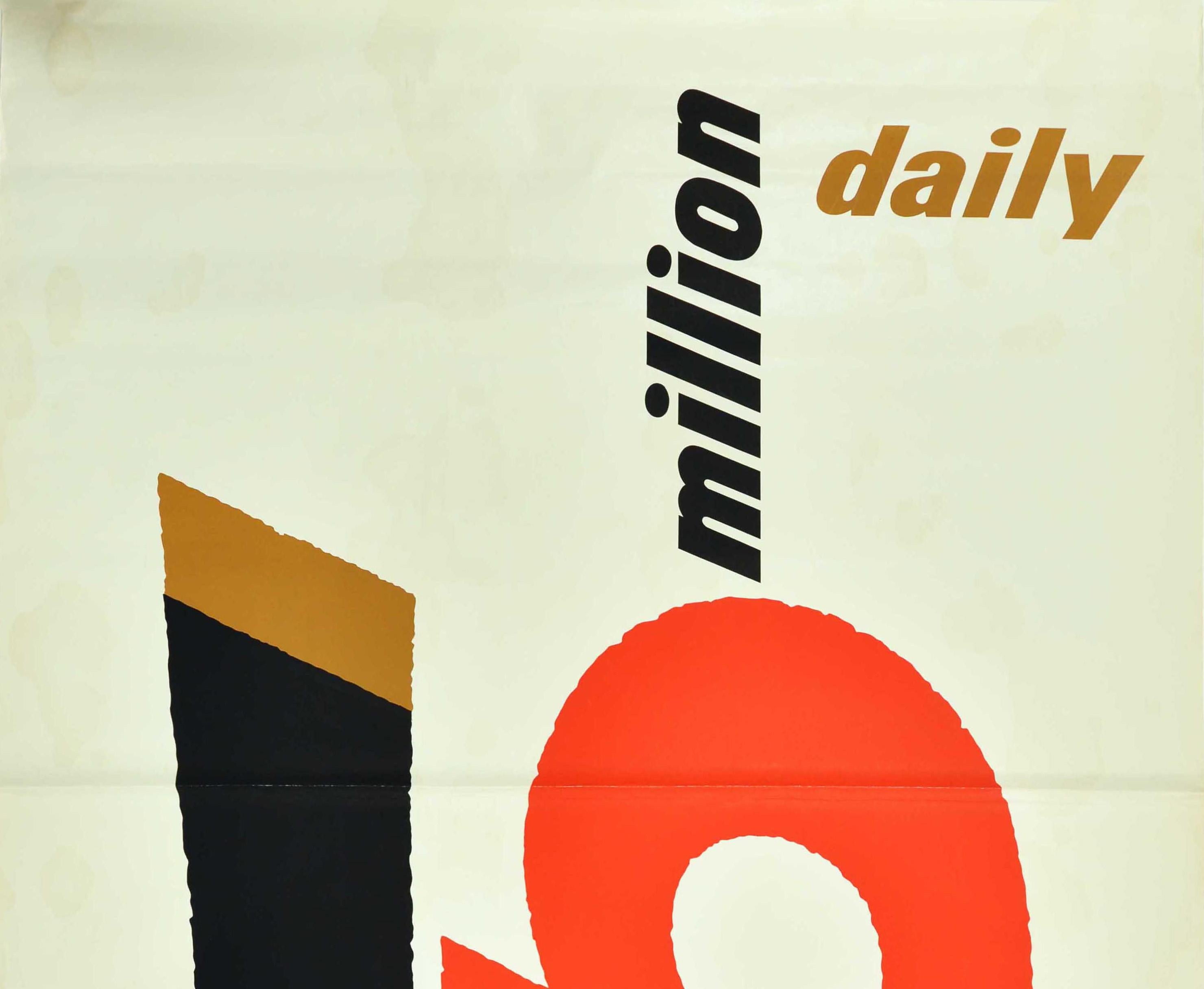 Grande affiche publicitaire vintage originale pour Guinness, réalisée par le célèbre graphiste britannique Abram Games (Abraham Gamse ; 1914-1996). Superbe dessin typographique présentant le texte Guinness 5 Million Daily avec le 5 et le G en gras
