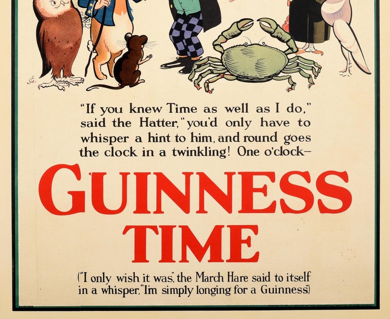 British Original Vintage Drink Poster Guinness Time Alice In Wonderland Sane Lunch Party For Sale