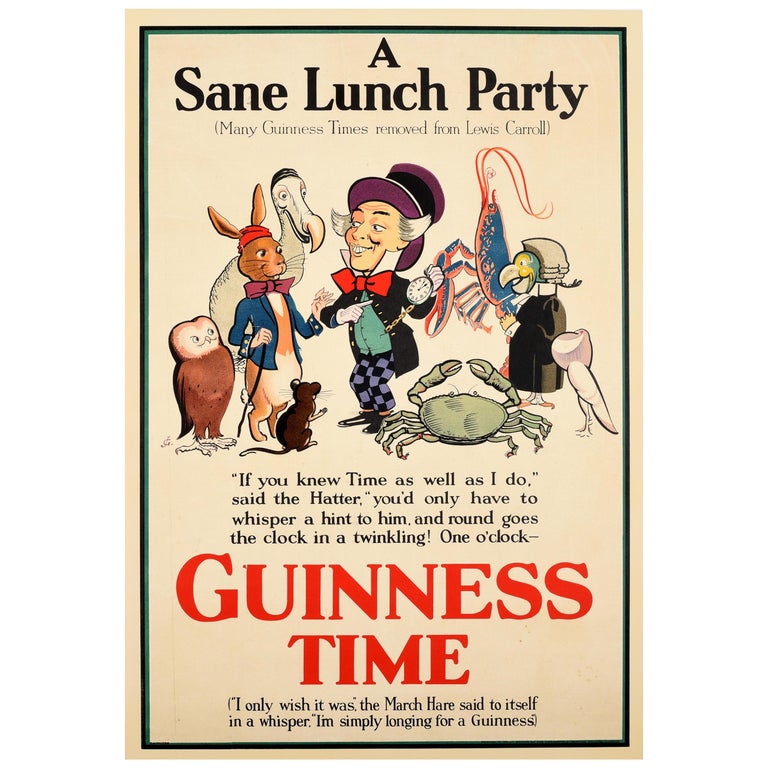 Original Vintage Drink Poster Guinness Time Alice In Wonderland Sane Lunch Party For Sale