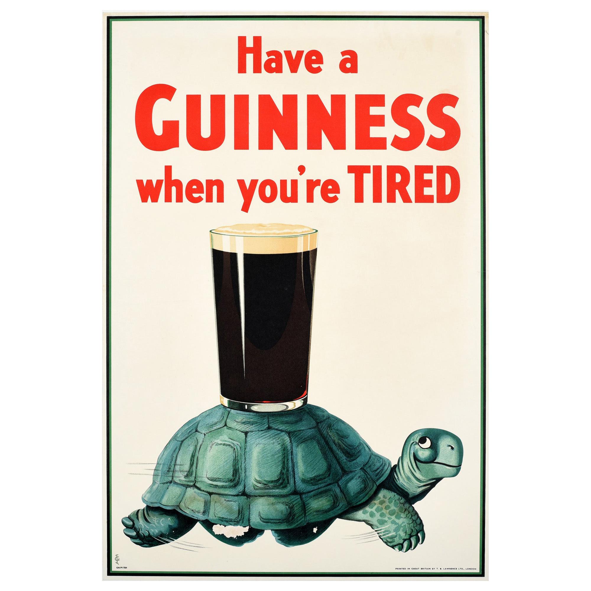 Original Vintage Drink Poster Have A Guinness When You're Tired Turtle Beer Pint