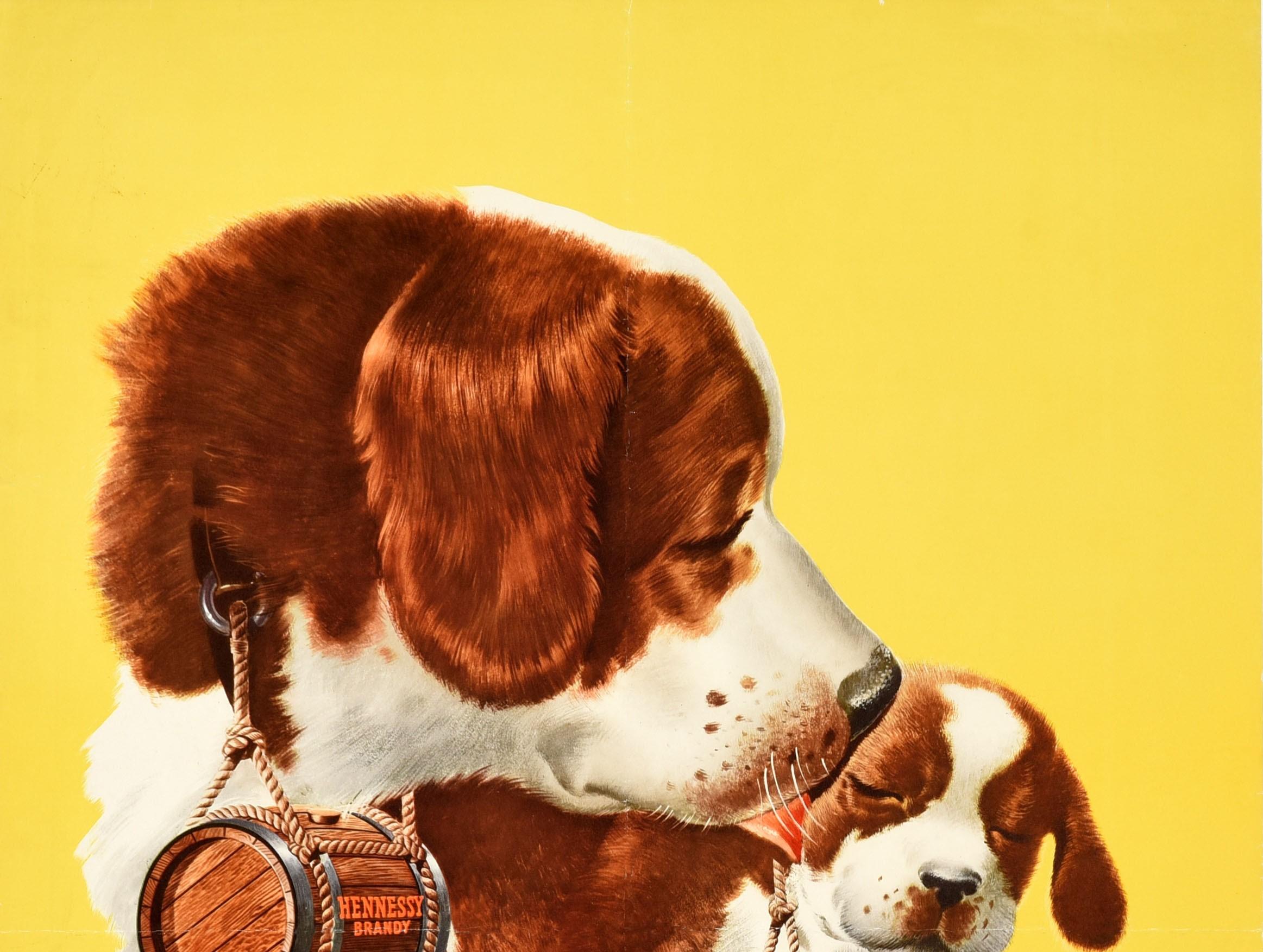 Original vintage alcohol drink advertising poster - Mother Loves Her Little Hennessy Father Does Too! Great artwork of two St Bernard dogs against a yellow background, both carrying small wooden barrels of Hennessy Brandy around their necks with the