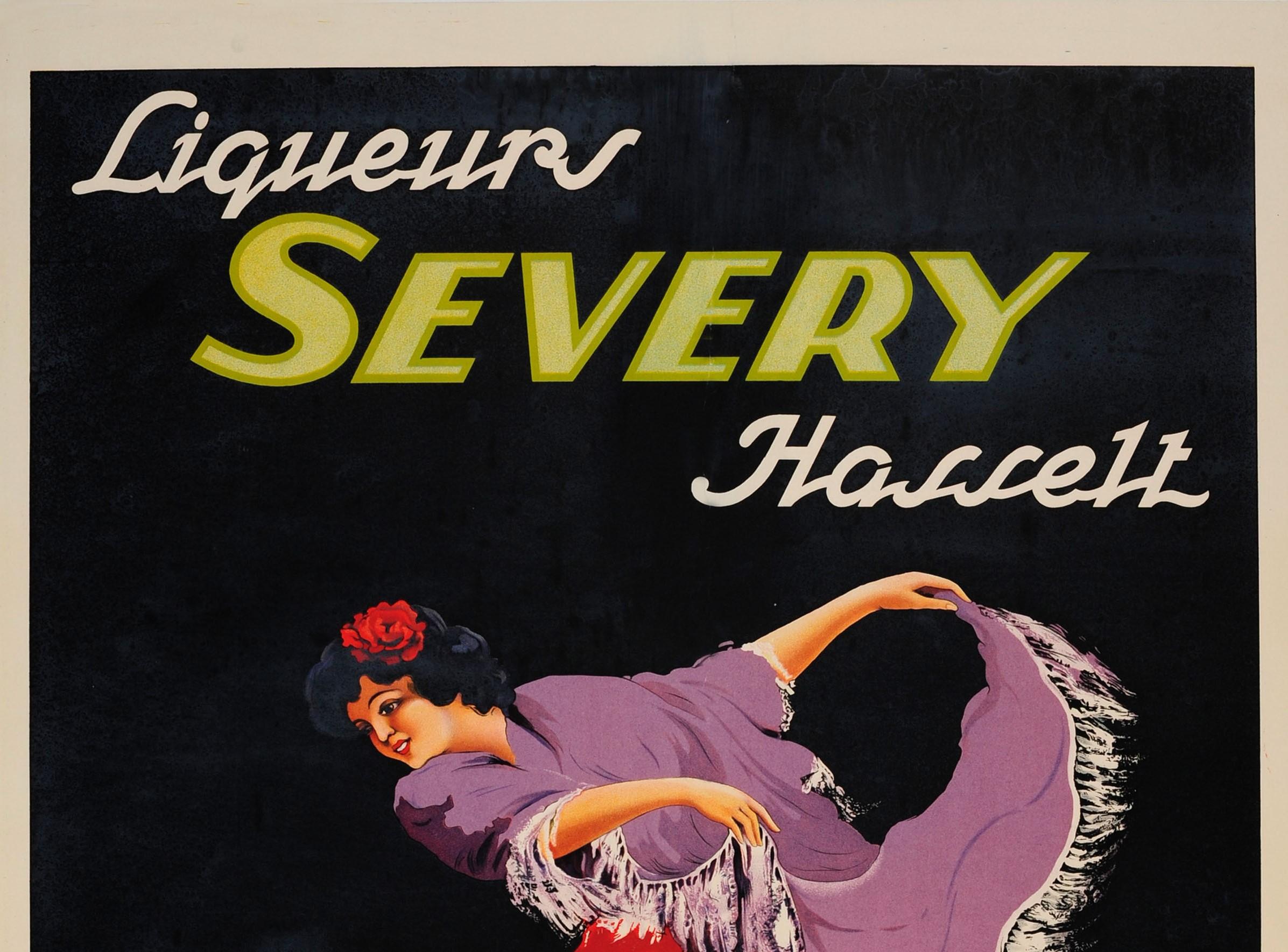 Original vintage drink advertising poster for Liqueurs Severy Hasselt featuring great artwork by Roger Berckmans (b. 1900) of a lady dancing wearing a fringed purple shawl and colorful flowing dress with a red rose flower in her hair against the