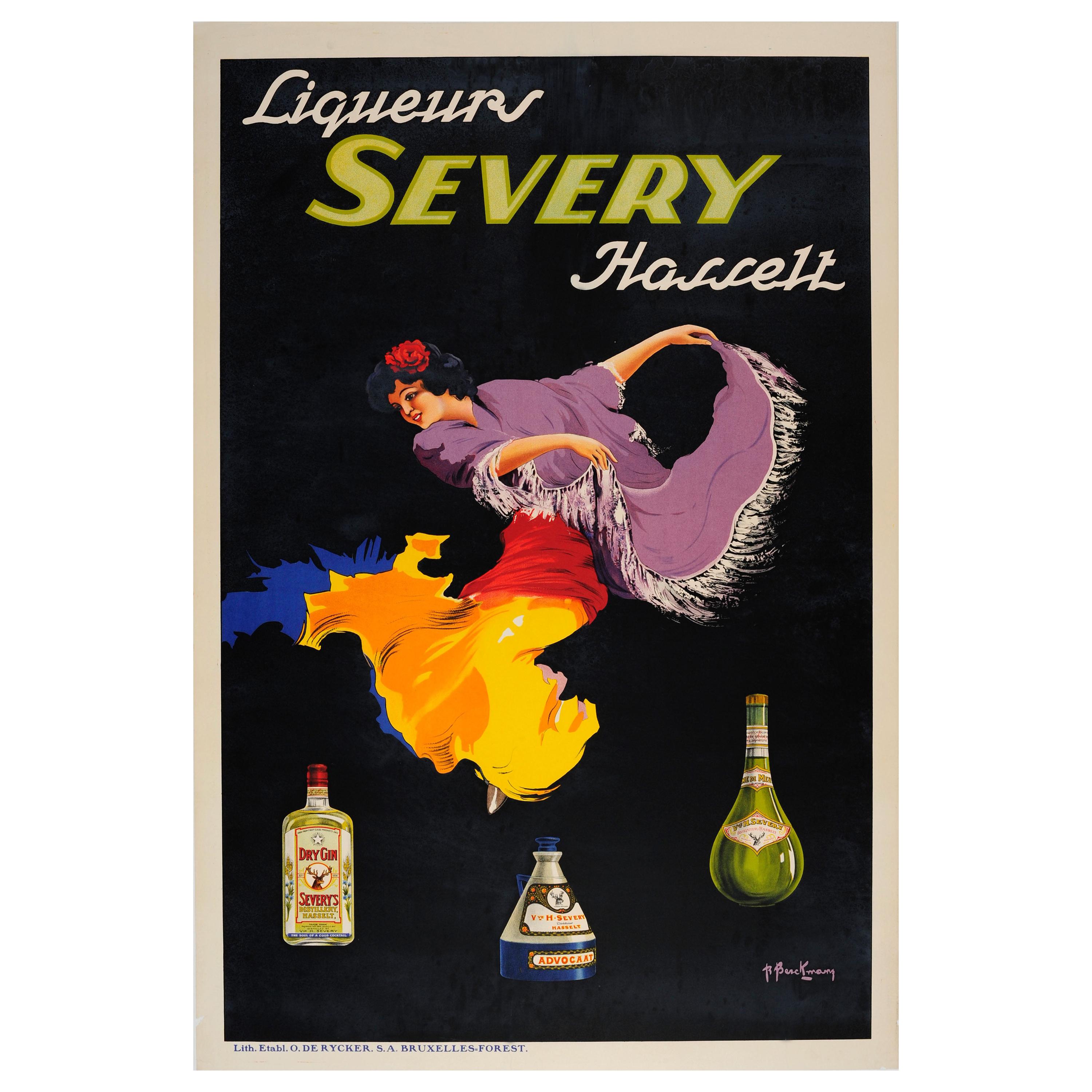 Original Vintage Drink Poster Liqueurs Severy Hasselt Gin Creme De Menthe Dancer For Sale