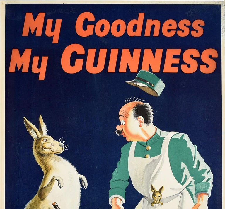 Original vintage advertising poster for the iconic drink Guinness Irish stout beer - My Goodness My Guinness - featuring a fun image of a surprised zoo keeper in uniform carrying two buckets with his hat flying off his head as he notices his bottle