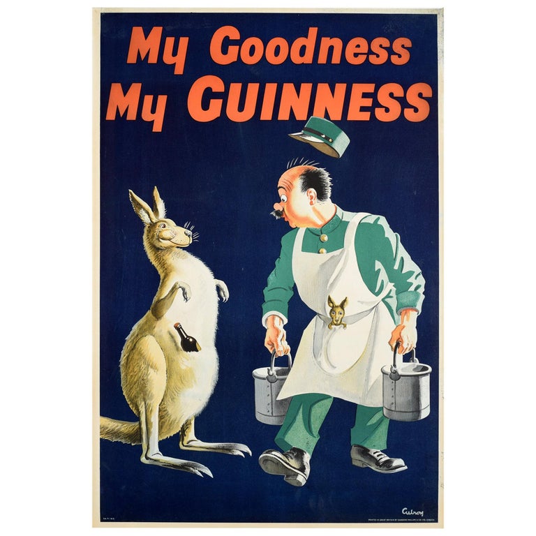 Original Vintage Drink Poster My Goodness My Guinness Kangaroo Beer Bottle Pouch For Sale
