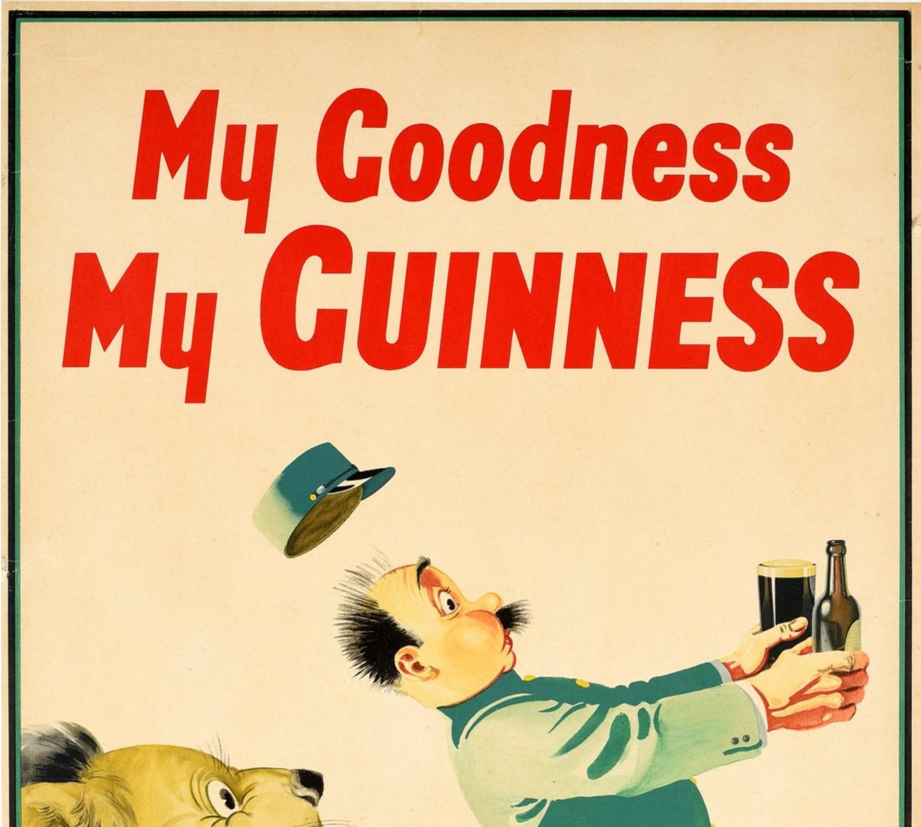 Original vintage advertising poster for the iconic drink Guinness Irish stout beer - My Goodness My Guinness - featuring a colourful and fun image of a zoo keeper holding a full glass and bottle of Guinness with his hat flying off as he runs away