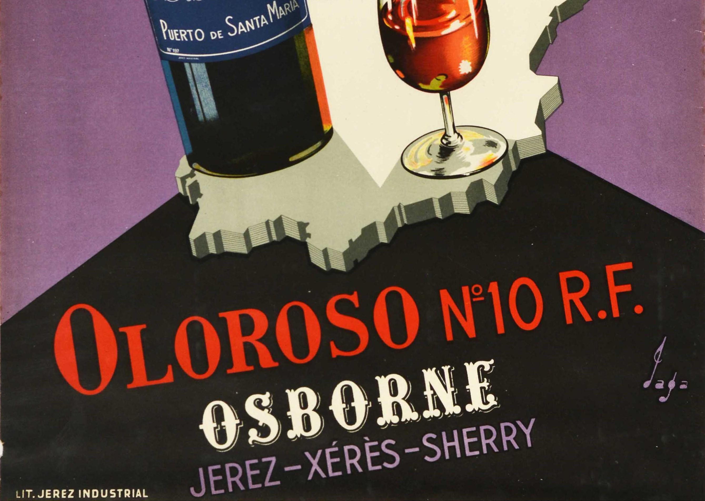 Espagnol Affiche rétro originale pour la boisson Oloroso n°10, R.F. Carte de l'Osborne Sherry avec motif de taureau en vente