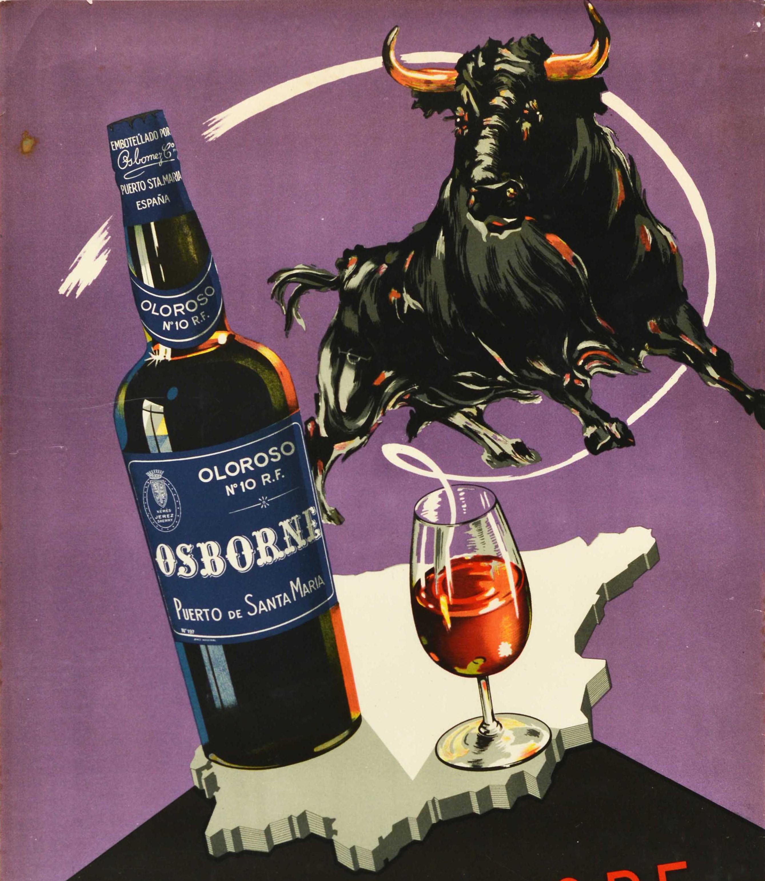 Affiche rétro originale pour la boisson Oloroso n°10, R.F. Carte de l'Osborne Sherry avec motif de taureau Bon état - En vente à London, GB