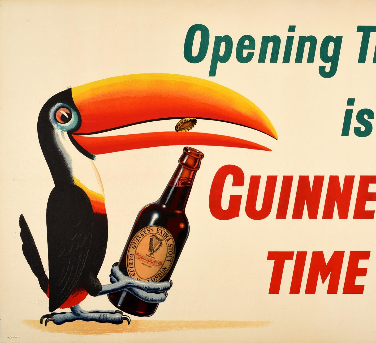 Original vintage Guinness advertising poster - Opening Time is Guinness Time - featuring an iconic design depicting the trademark smiling toucan using his colourful bill to open a bottle of Guinness extra stout, the title in bold green and red