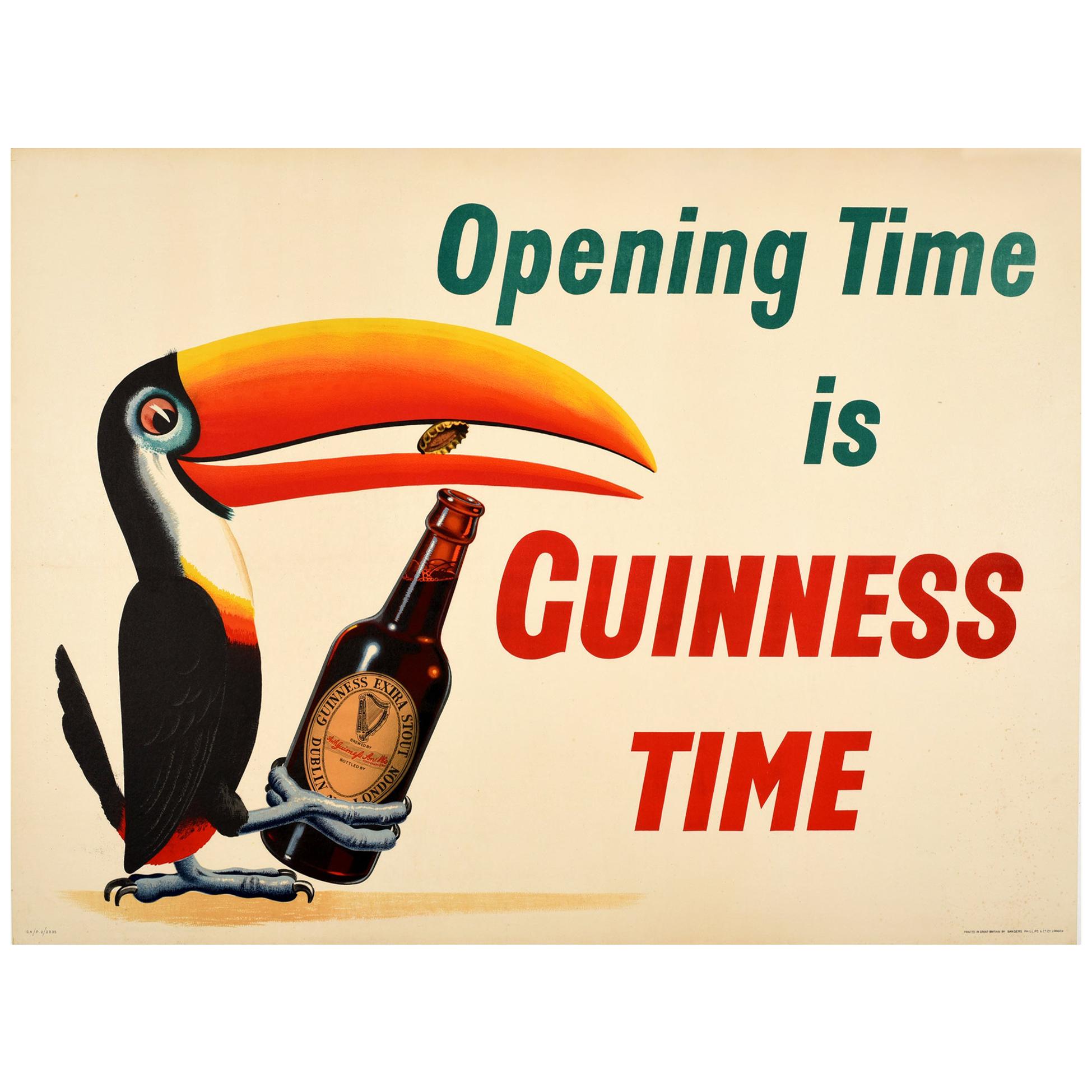 Affiche originale ancienne de boisson "Opening Time is Guinness Time" avec le dessin iconique du toucan