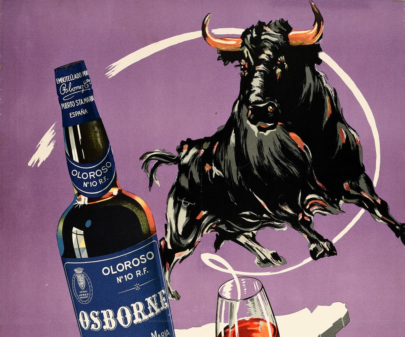 Original vintage drink advertising poster for Oloroso No.10 R.F. Osborne Sherry / Xeres / Jerez Puerto de Santa Maria Espana featuring a great design depicting a bull above a bottle of the sherry wine made from palomino grapes next to a glass on an