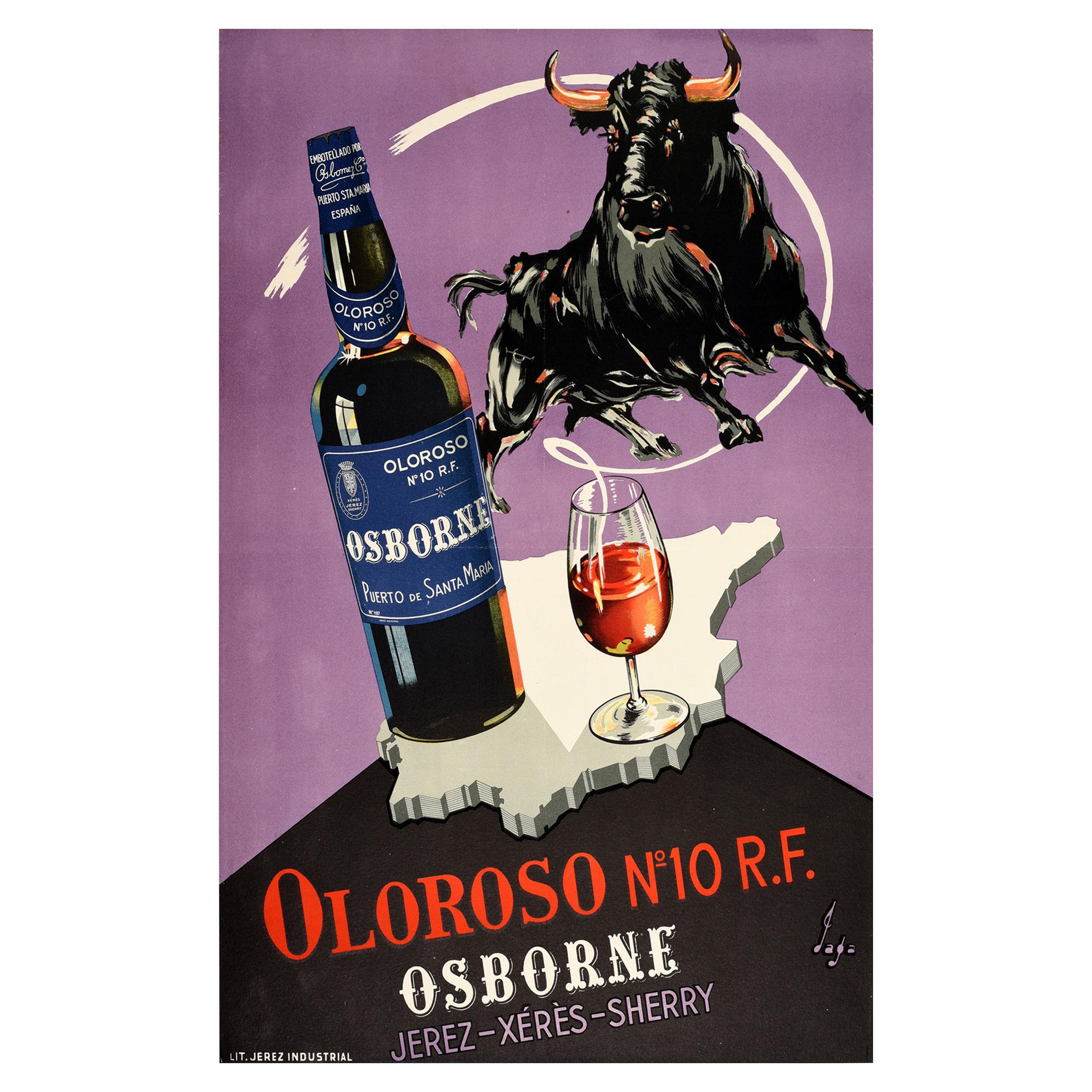Original Vintage Drink Poster Osborne Jerez Xeres Sherry Spain Map Wine Bull Art