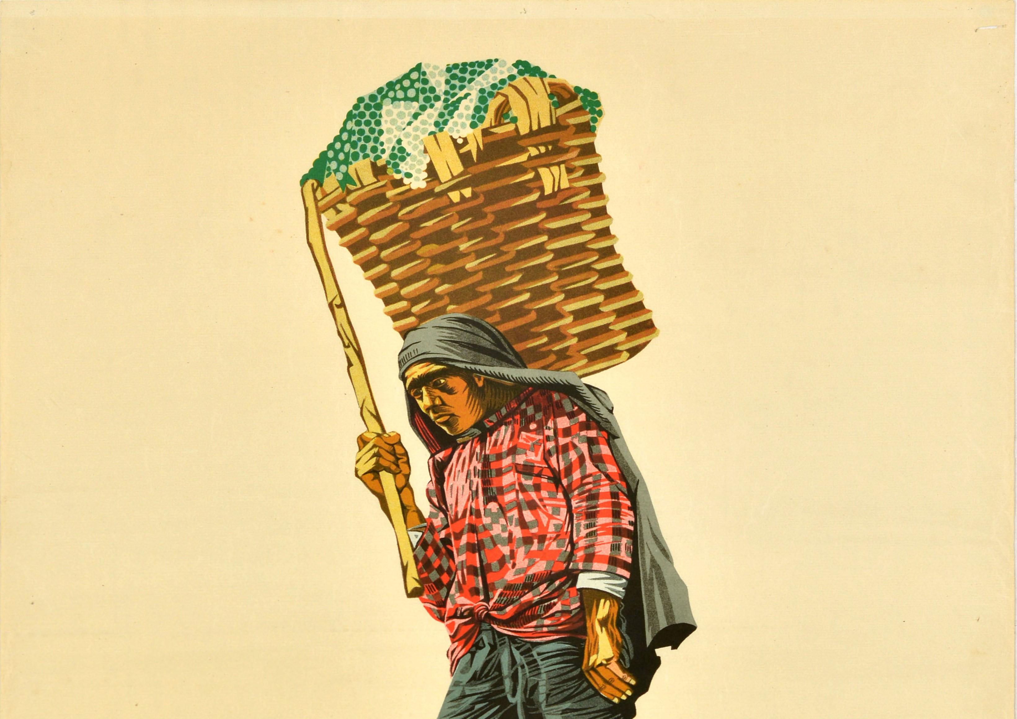 Original vintage drink advertising poster for a fortified port wine produced in Porto Portugal - Porto Souza Guedes - featuring an illustration of a worker carrying a large woven basket of grapes on his back with the title in bold red and black