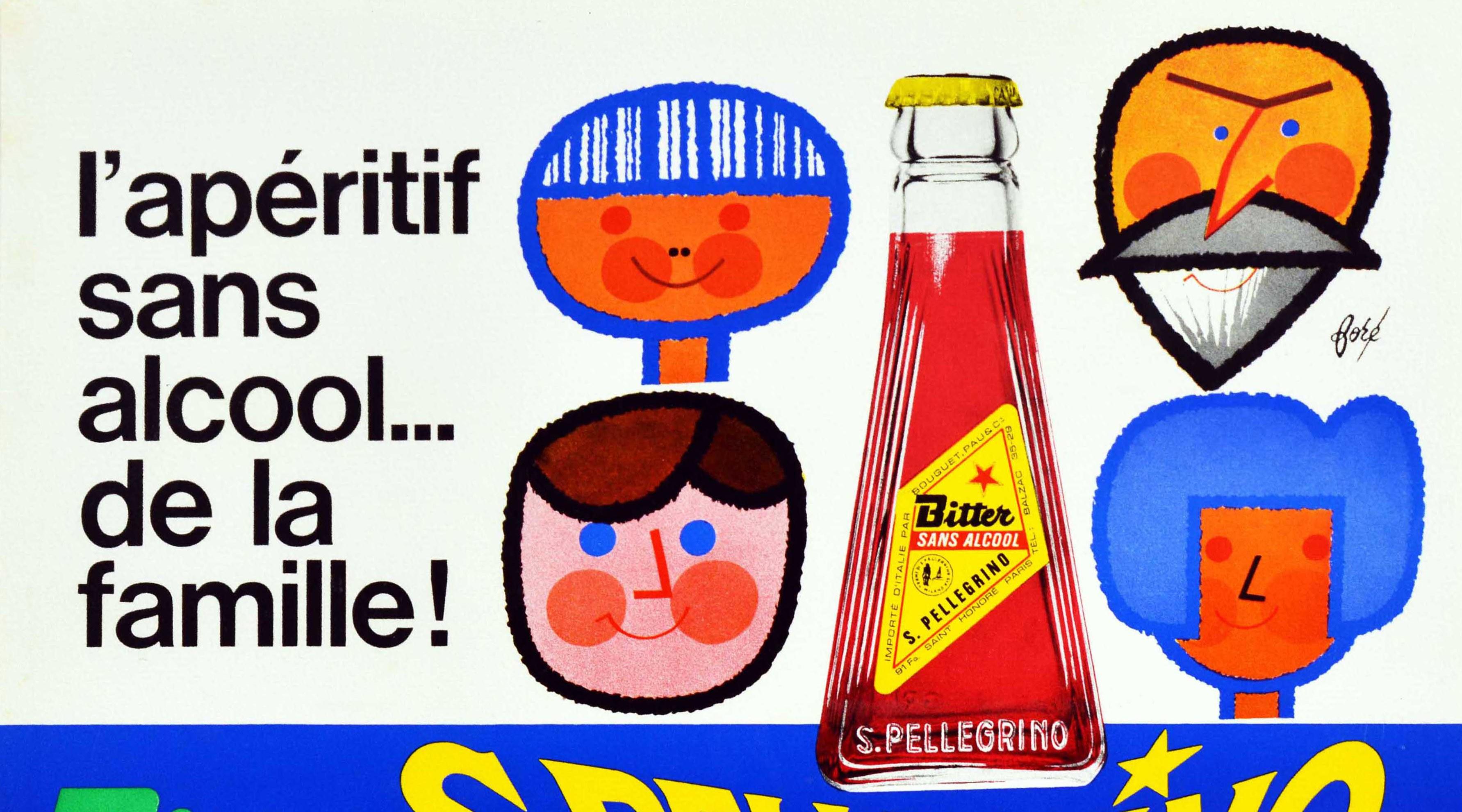 Original vintage advertising poster for S.Pellegrino non-alcoholic Bitter aperitif ... for the family / l'aperitif sans alcool ... de la famille! - featuring an image of the Bitter drink bottle and caricature faces of the family to the sides.