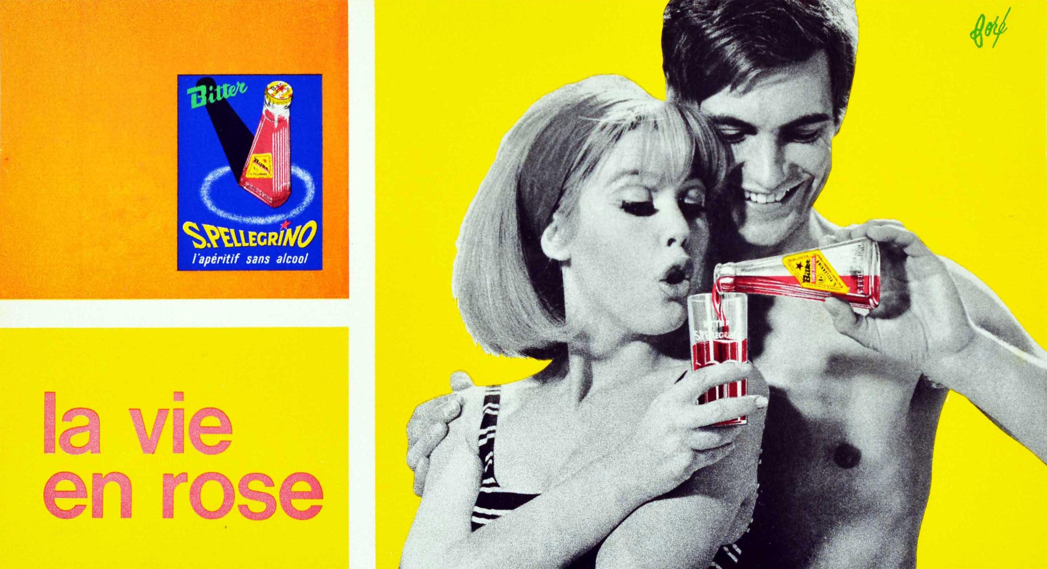 Original vintage drink advertising poster for San Pellegrino non-alcoholic Bitter aperitif - living life in rose tinted glasses without dullness / la vie en rose sans etre gris - featuring a black and white photo of a smiling couple with the man