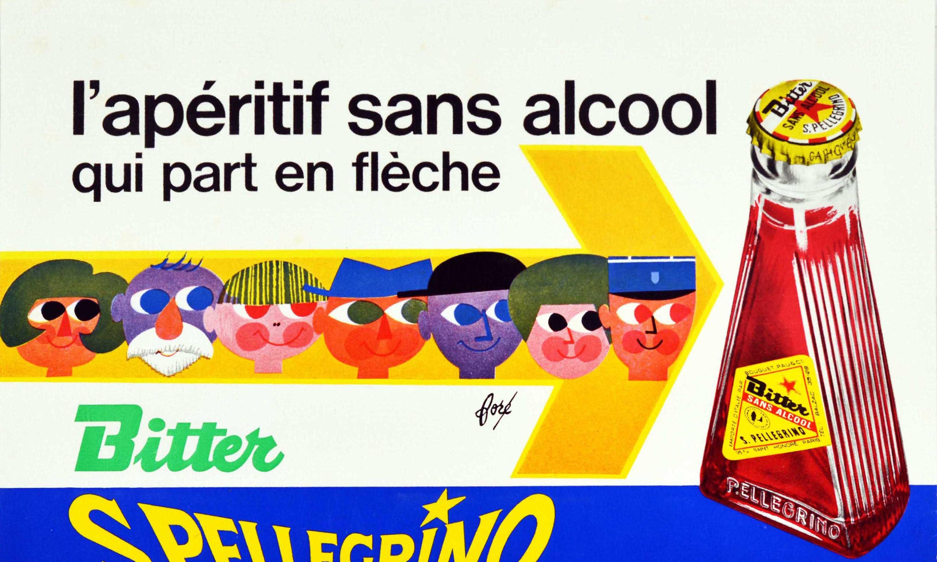 Original vintage drink advertising poster for San Pellegrino Bitter the alcohol free aperitif - l'aperitif sans alcool qui part en fleche - featuring an image of colourful cartoon style faces on a yellow arrow pointing at the iconic drink bottle