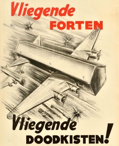 Original Vintage Dutch War Propaganda Poster Flying Coffins WWII Anti Allied