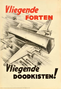 Original Vintage Dutch War Propaganda Poster Flying Coffins WWII Anti Allied