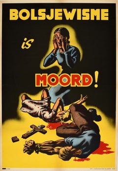 Original Vintage Dutch WWII Anti Communist Propaganda Poster Bolshevism Murder