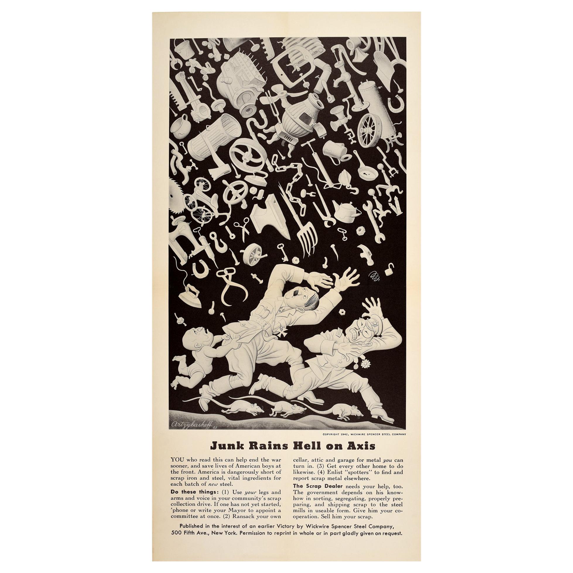 Original Vintage Earlier Victory WWII Propaganda Poster Junk Rains Hell On Axis