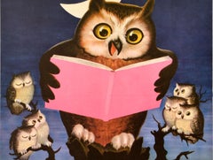 Original Vintage Cartel Educativo Vamos a Leer Más Semana del Libro Búho Niños