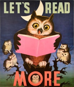 Original Vintage Cartel Educativo Vamos a Leer Más Semana del Libro Búho Niños