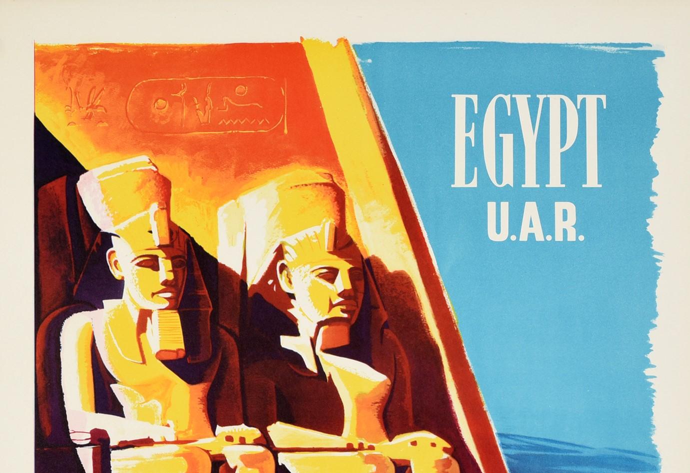 Original vintage travel poster for Egypt featuring a great image of tourists admiring the iconic Abu Simbel Temple and ancient hieroglyphics carved on the rock above with a sailing boat visible on the side and the title text in white against the