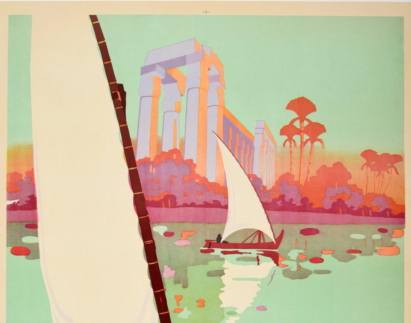 Original vintage travel poster for Egypt featuring a great illustration of traditional sailing boats / felucca and a man in a wooden rowing boat on the River Nile with ancient Egyptian ruins of historic columns and fan palm trees on the shore in the