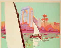 Original Vintage Egypt Travel Poster Ft. Sailing Boats River Nile Ancient Ruins