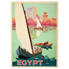 Original Vintage Ägypten Reise Poster Ft. Segelboote Fluss Nil Antike Ruinen