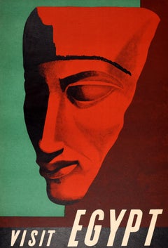 Original Vintage Egyptian Travel Poster Visit Egypt Statue Pharaoh Africa Sinai