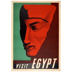Poster egiziano originale d'epoca per visitare l'Egitto Statua del Faraone Africa Sinai
