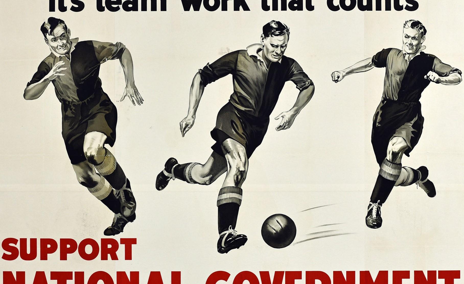 Original vintage sport themed 1935 General Election political propaganda poster for the British Conservative Party - It's Team Work That Counts Support National Government - featuring a great illustration depicting a game of football showing three