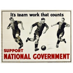 Original Vintage Cartel Electoral Apoyo Gobierno Nacional Equipo Trabajo Fútbol