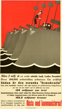 Original Vintage Election Propaganda Poster Vote Communists Sweden Ships King