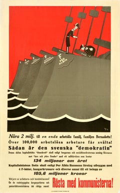 Original Vintage Election Propaganda Poster Vote Communists Sweden Ships King