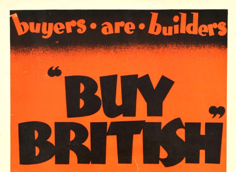 Original vintage advertising poster issued by the Empire Marketing Board to encourage British citizens to buy British goods in order to help their economy following the Great Depression in America. Eye-catching design by one of England's leading