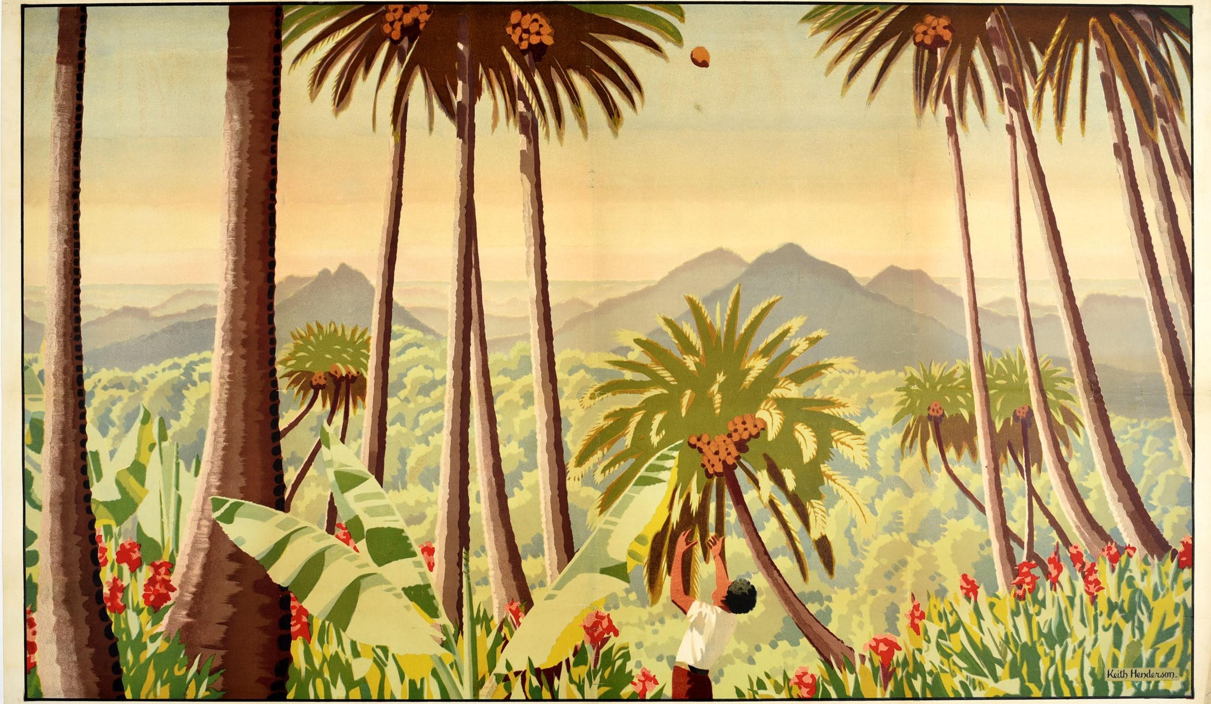 Original vintage Empire Marketing Board poster - Fiji Copra Pineapples Bananas Sugar - showing a plantation worker reaching up to catch a falling coconut in front of coconut trees with jungle flowers and banana tree leaves in the foreground and the