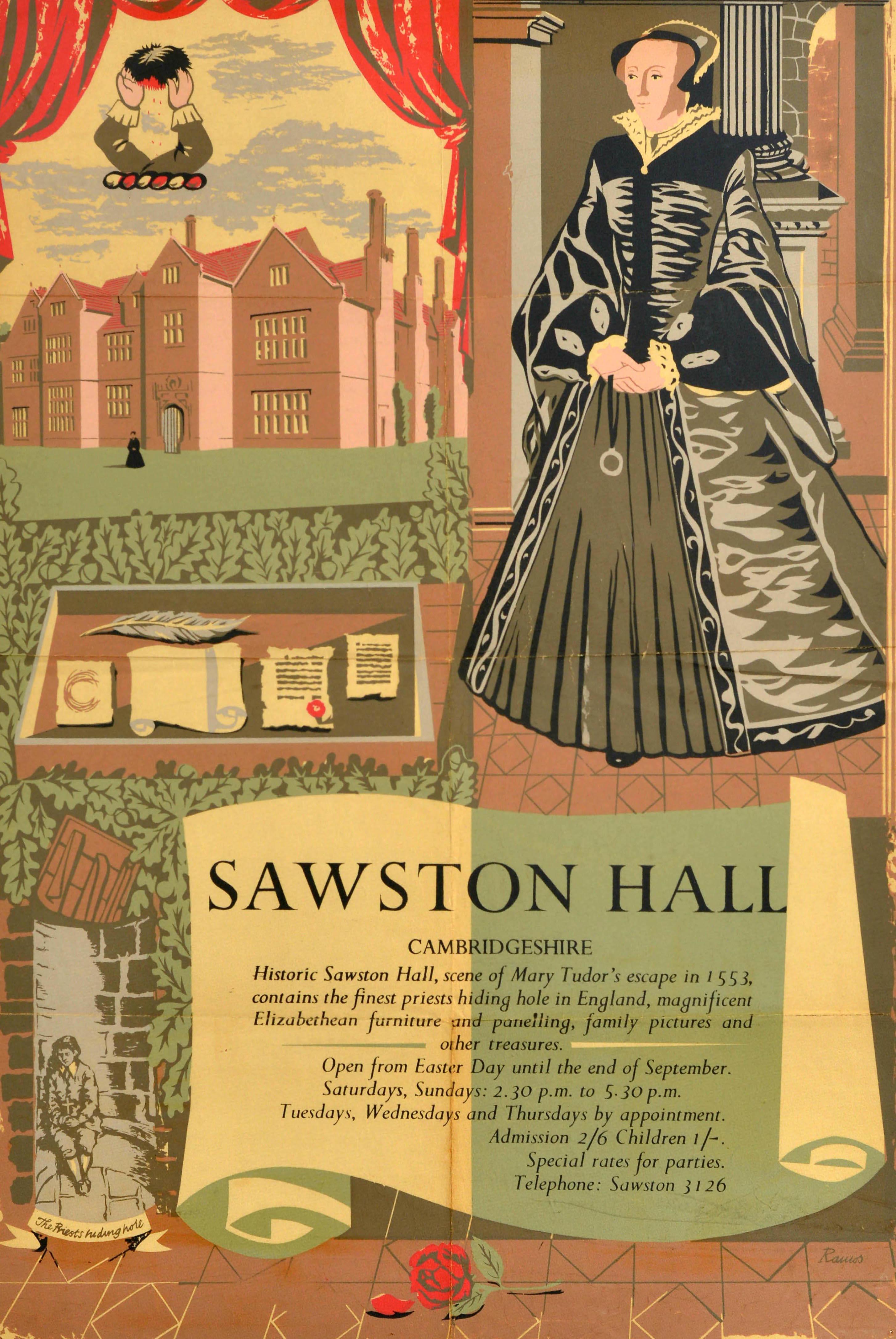 Poster pubblicitario d'epoca per la storica casa padronale Tudor del XVI secolo, classificata di grado I, Sawston Hall, situata nel villaggio di Sawston nel Cambridgeshire, in Inghilterra, descritta in un testo stilizzato come 