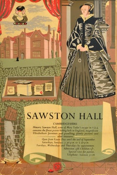 Original Vintage England Travel Poster Sawston Hall Cambridgeshire Mary Tudor