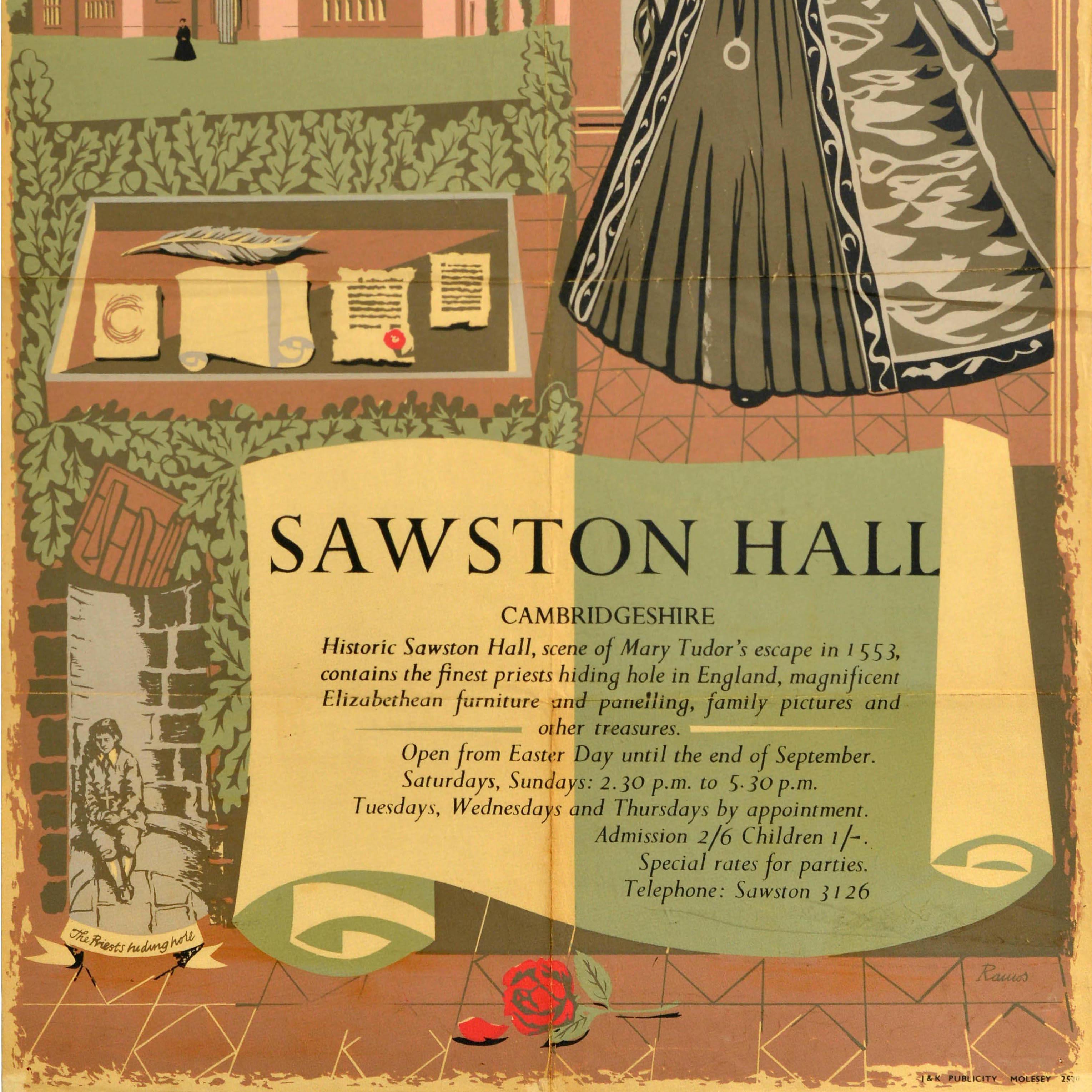 Poster di viaggio originale dell'Inghilterra d'epoca Sawston Hall Cambridgeshire Mary Tudor In condizioni buone in vendita a London, GB