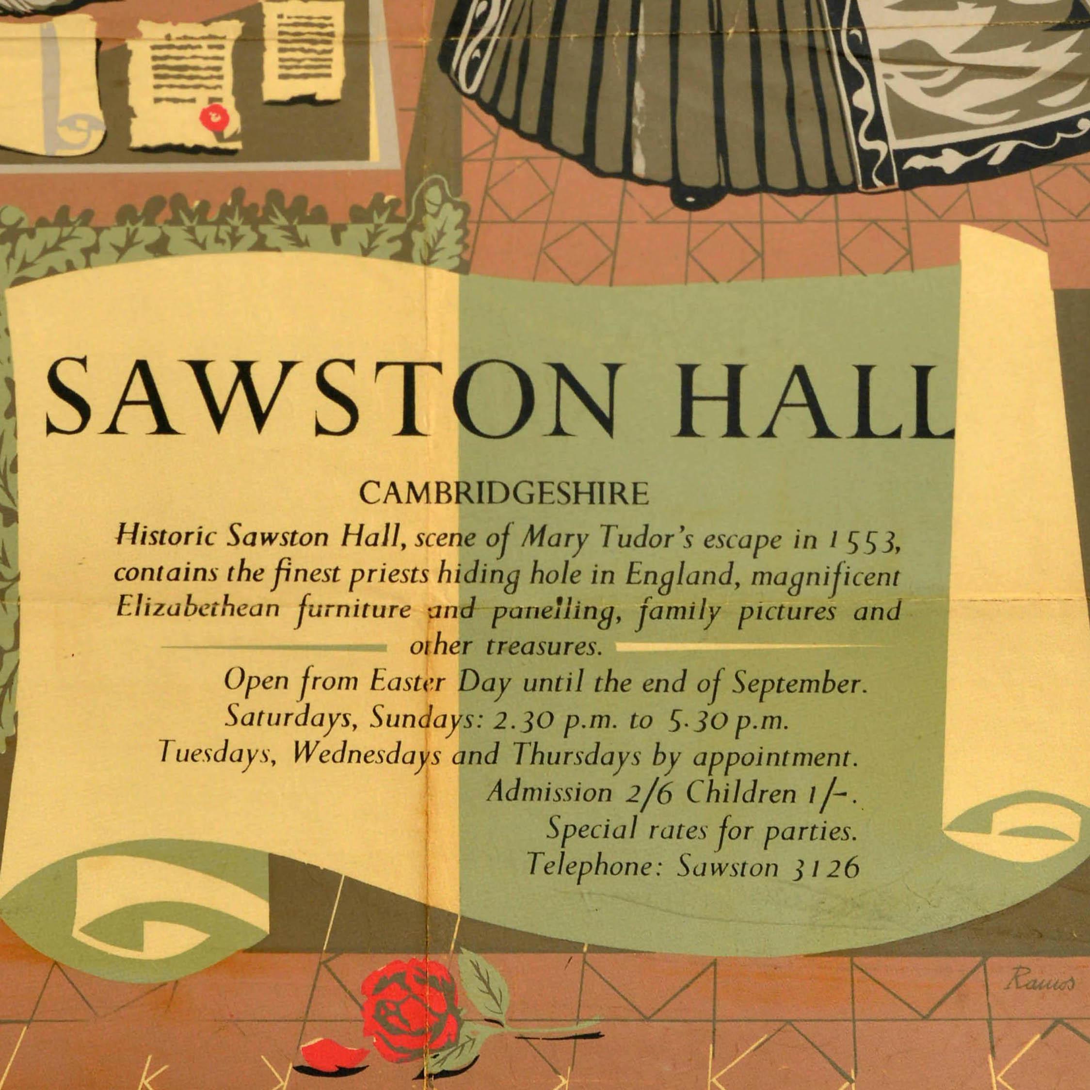 Metà XX secolo Poster di viaggio originale dell'Inghilterra d'epoca Sawston Hall Cambridgeshire Mary Tudor in vendita