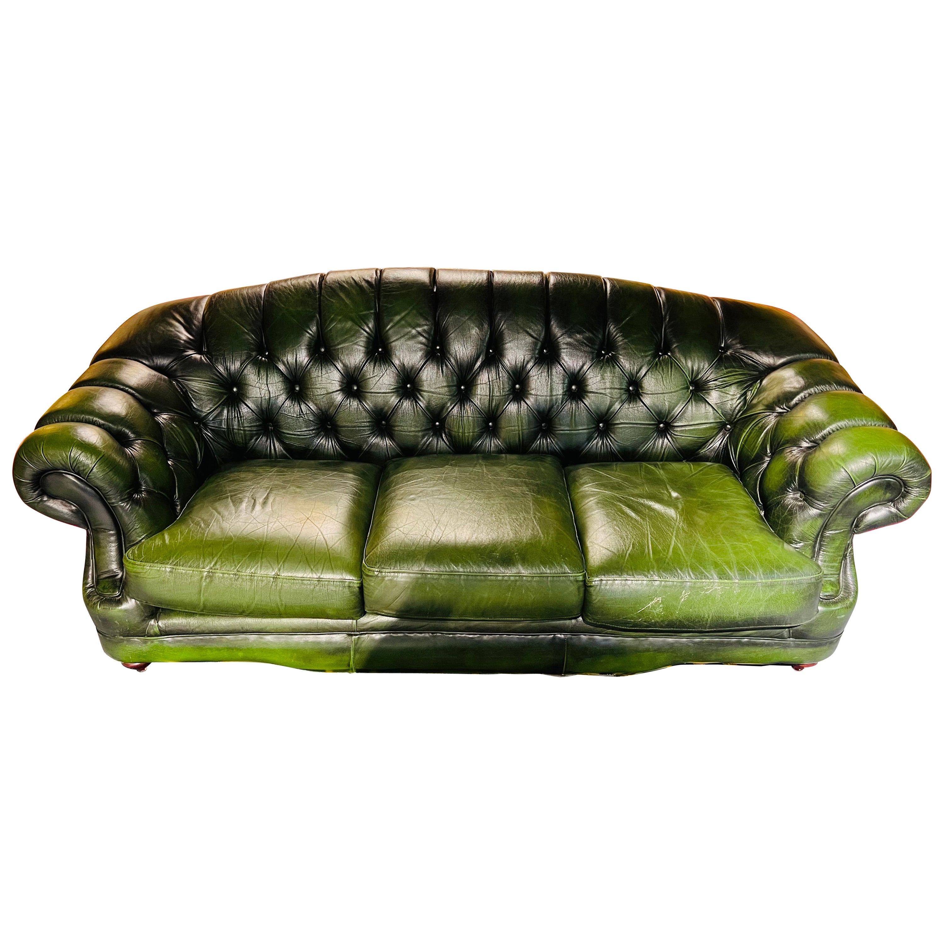 Original vintage English Dark Green Chesterfield Leather Thomas Lloyd Sofa