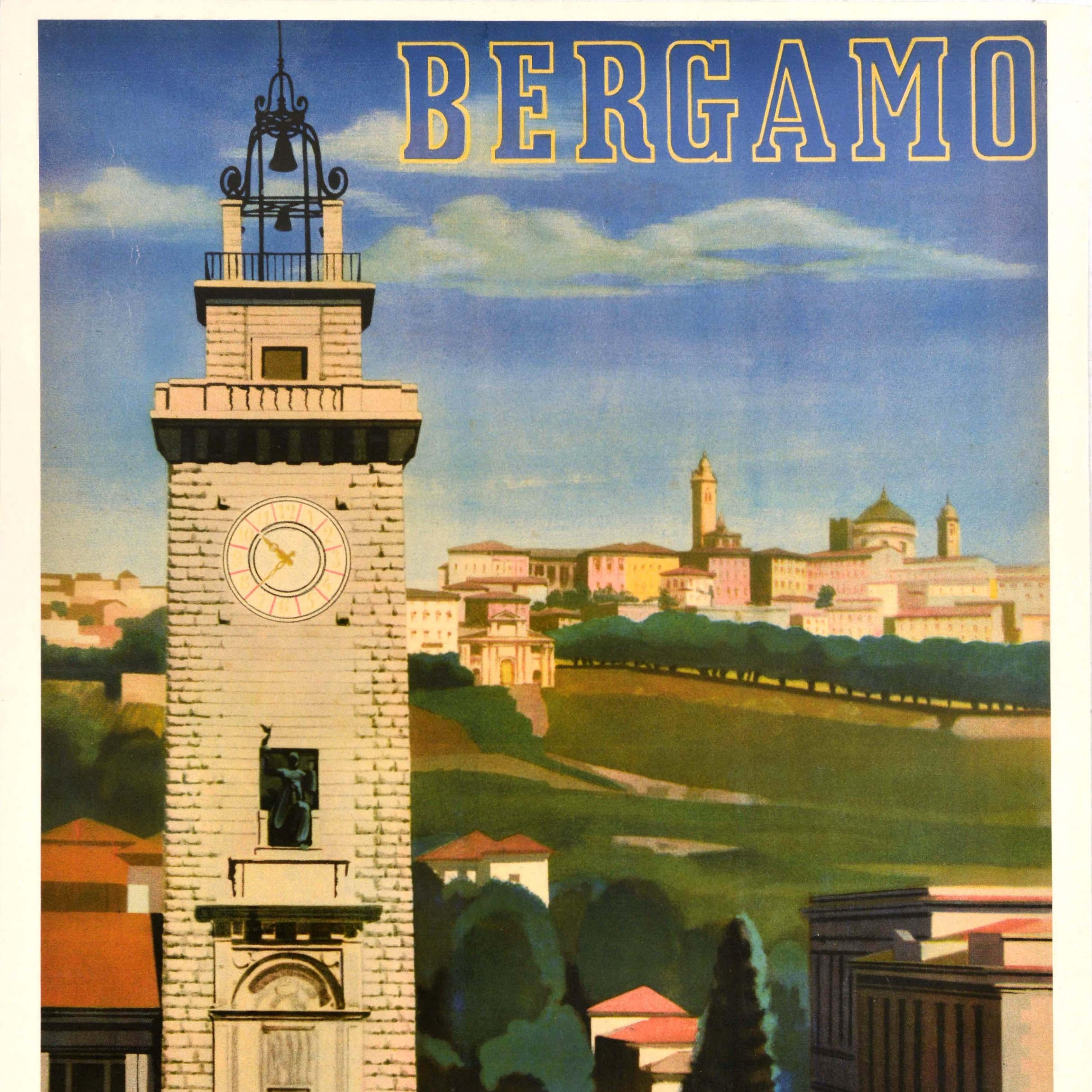 Art Déco Poster di viaggio originale d'epoca ENIT Bergamo Torre Dei Caduti Italia Art Deco in vendita