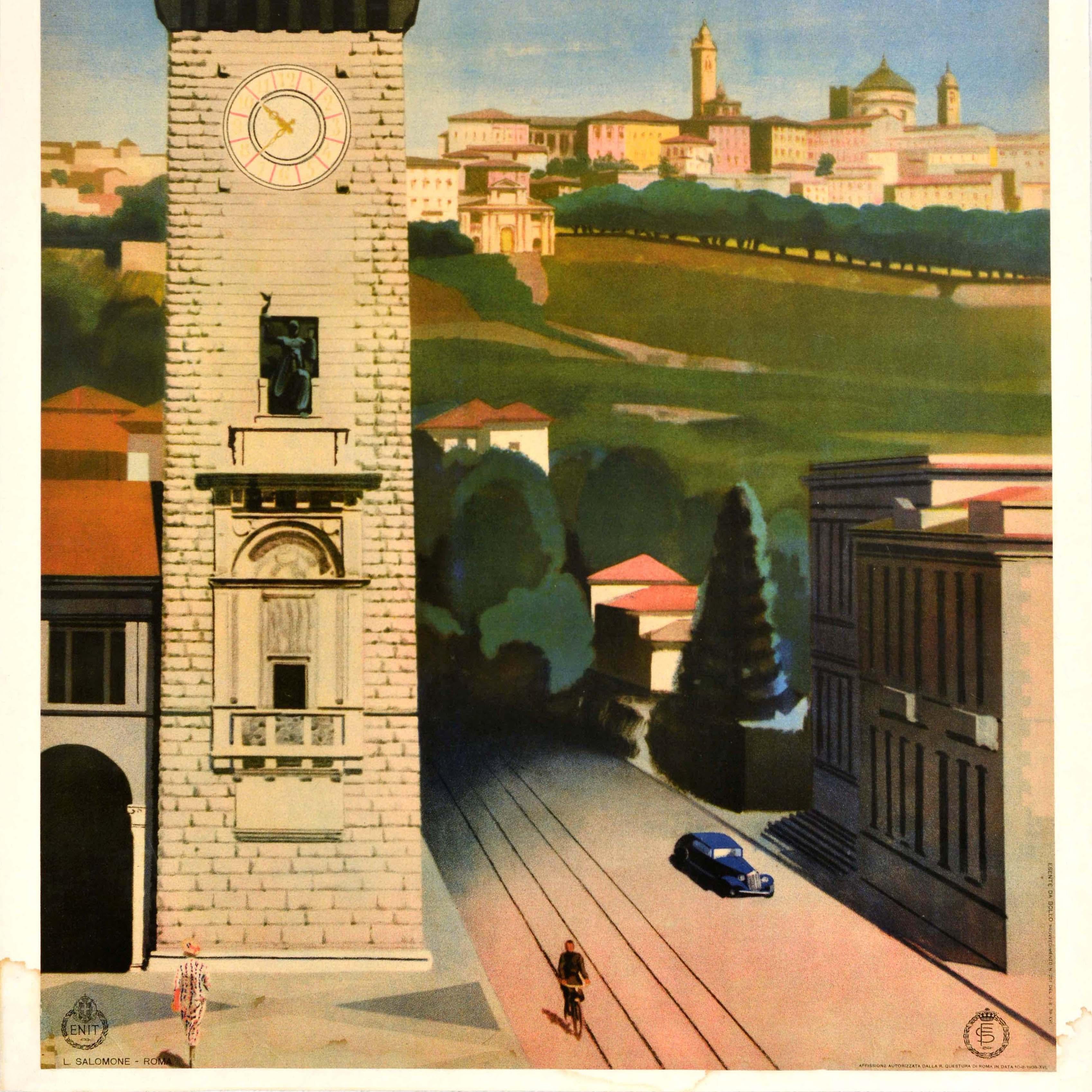 Italiano Poster di viaggio originale d'epoca ENIT Bergamo Torre Dei Caduti Italia Art Deco in vendita