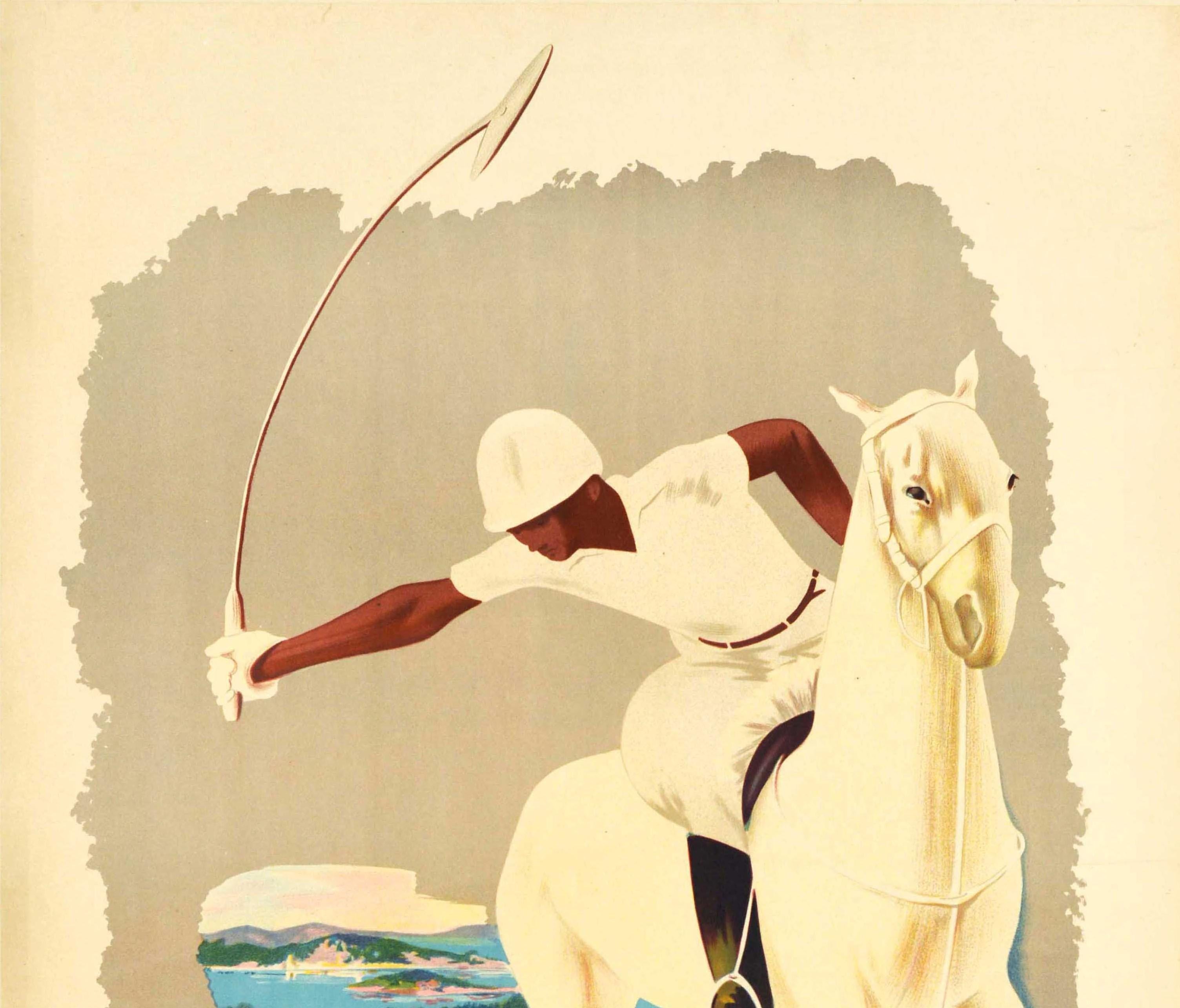 Original vintage poster for Brioni featuring a stunning Art Deco image of a polo player on a white horse about to strike a ball in the foreground with a scenic view depicting sailing boats moored on a calm sea with beaches and hills in the