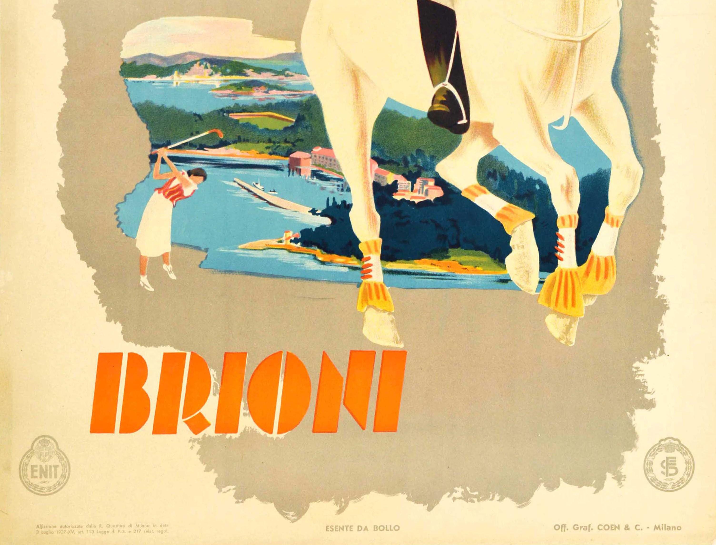 Art Deco Original Vintage ENIT Travel Poster Brioni Italy Polo Sailing Golf Sport Design